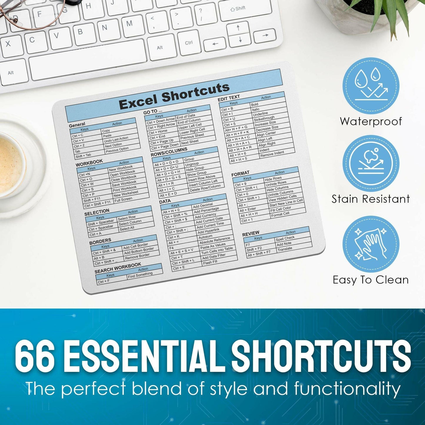 Excel Shortcuts Mouse Pad - 7.75 x 9.25 x 0.2 inches - 66 Commands - The Ultimate Productivity Tool - Easy Reference Guide for Efficient Excel Navigation (Light Blue) - Monilee and Bella