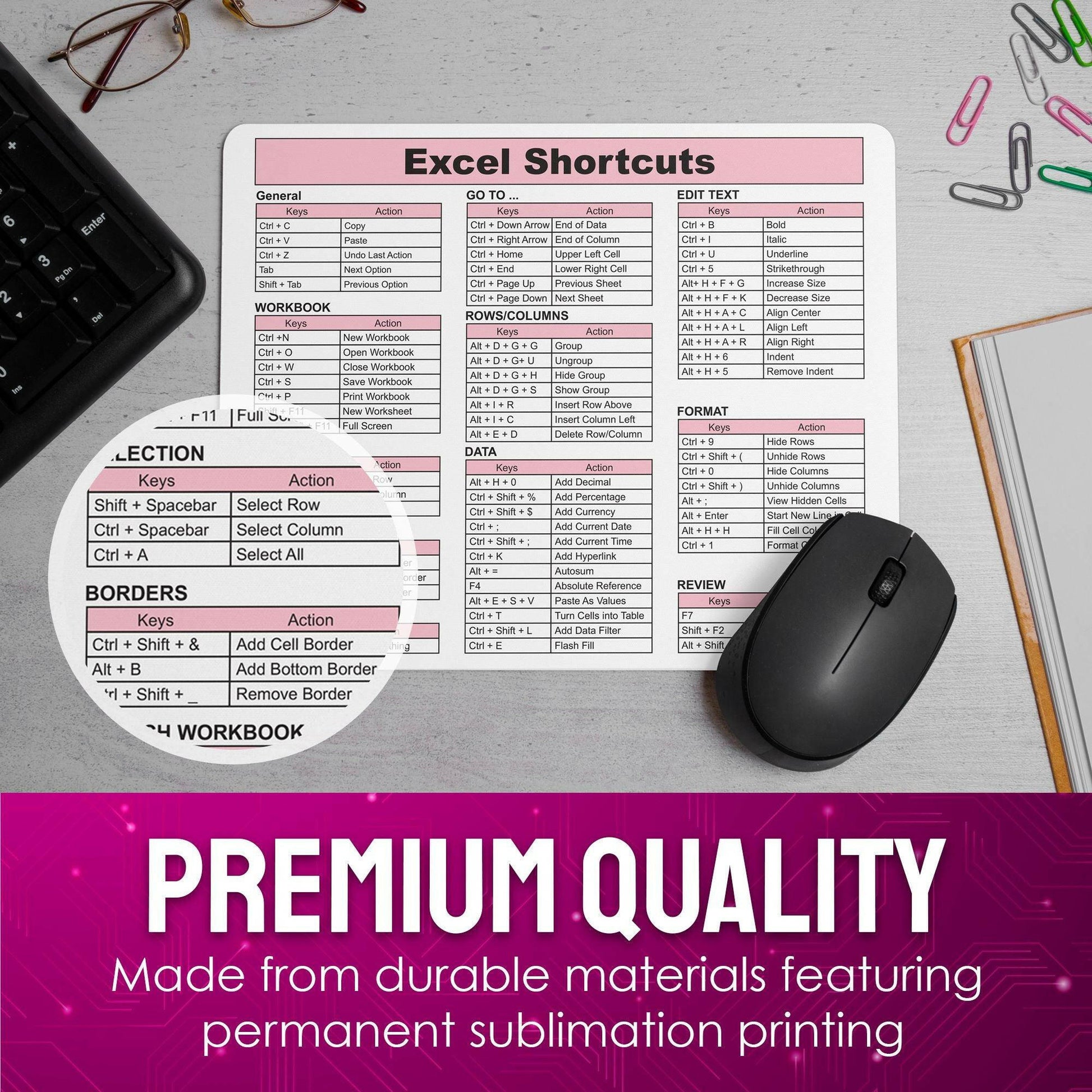 Excel Shortcuts Mouse Pad - 7.75 x 9.25 x 0.2 inches - 66 Commands - The Ultimate Productivity Tool - Easy Reference Guide for Efficient Excel Navigation (Light Pink) - Monilee and Bella 