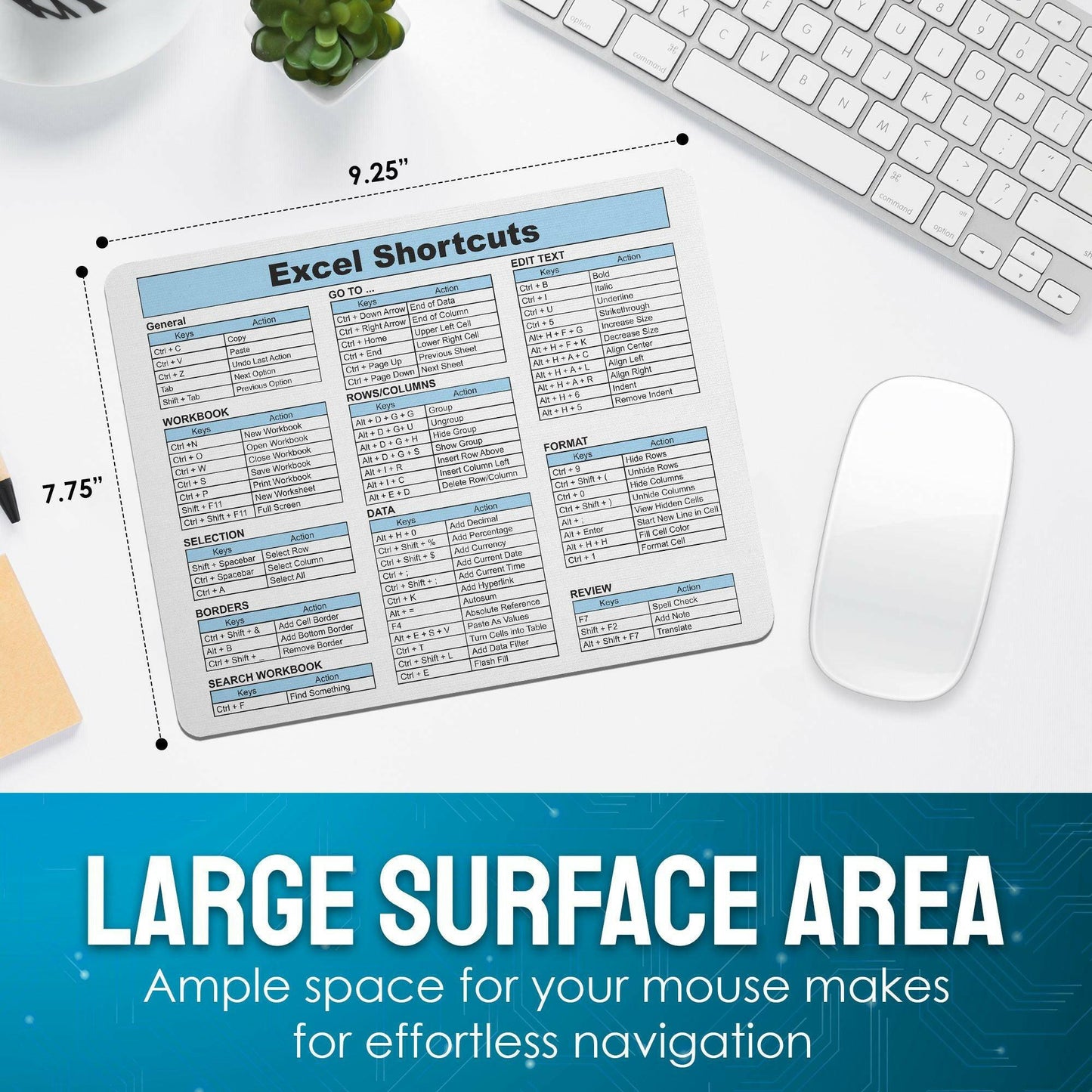 Excel Shortcuts Mouse Pad - 7.75 x 9.25 x 0.2 inches - 66 Commands - The Ultimate Productivity Tool - Easy Reference Guide for Efficient Excel Navigation (Light Blue) - Monilee and Bella 