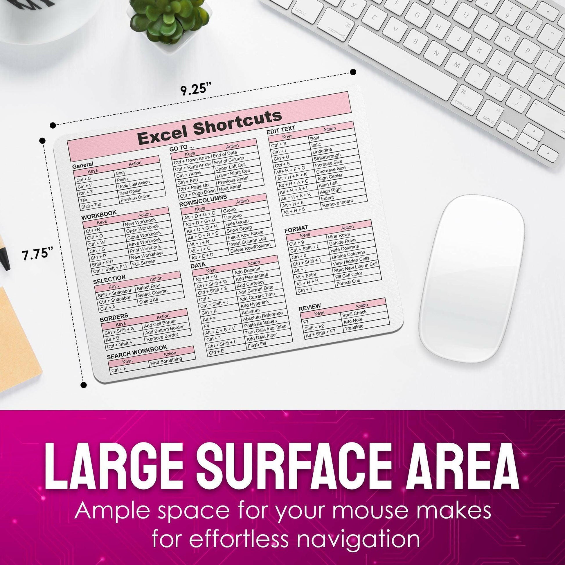 Excel Shortcuts Mouse Pad - 7.75 x 9.25 x 0.2 inches - 66 Commands - The Ultimate Productivity Tool - Easy Reference Guide for Efficient Excel Navigation (Light Pink) - Monilee and Bella 