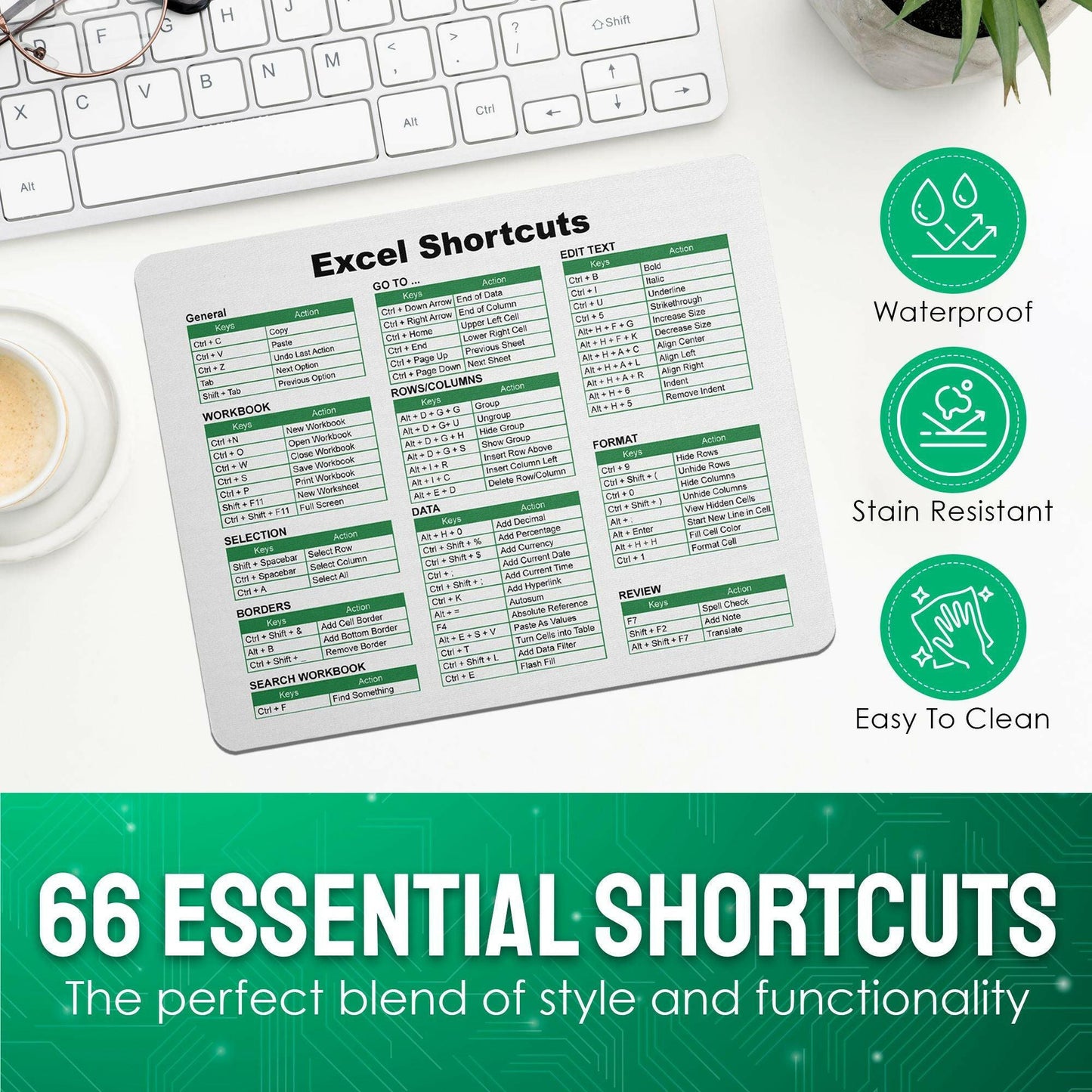 Excel Shortcuts Mouse Pad - 7.75 x 9.25 x 0.2 inches - 66 Commands - The Ultimate Productivity Tool - Easy Reference Guide for Efficient Excel Navigation (Green) - Monilee and Bella 