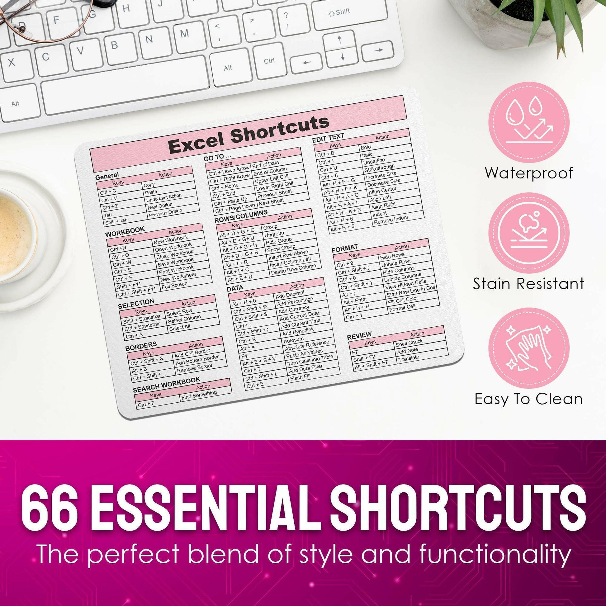 Excel Shortcuts Mouse Pad - 7.75 x 9.25 x 0.2 inches - 66 Commands - The Ultimate Productivity Tool - Easy Reference Guide for Efficient Excel Navigation (Light Pink) - Monilee and Bella 