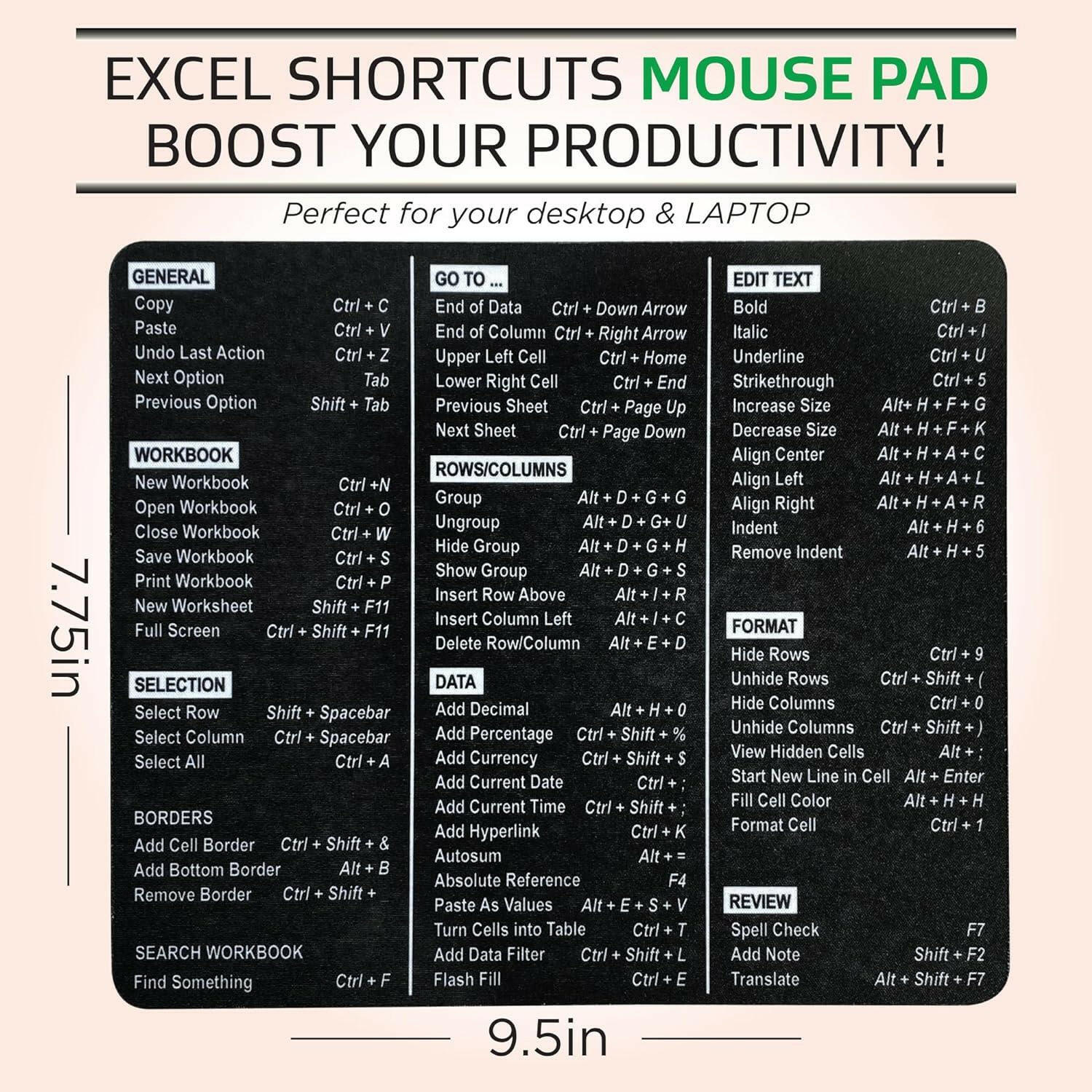 Excel Shortcuts Mouse Pad - The Ultimate Productivity Tool - Dominate Excel Like a Pro - The Secret Weapon to Master Excel - 7.75” x 9.25” Rectangular Shape (Solid Black Print) - Monilee and Bella 