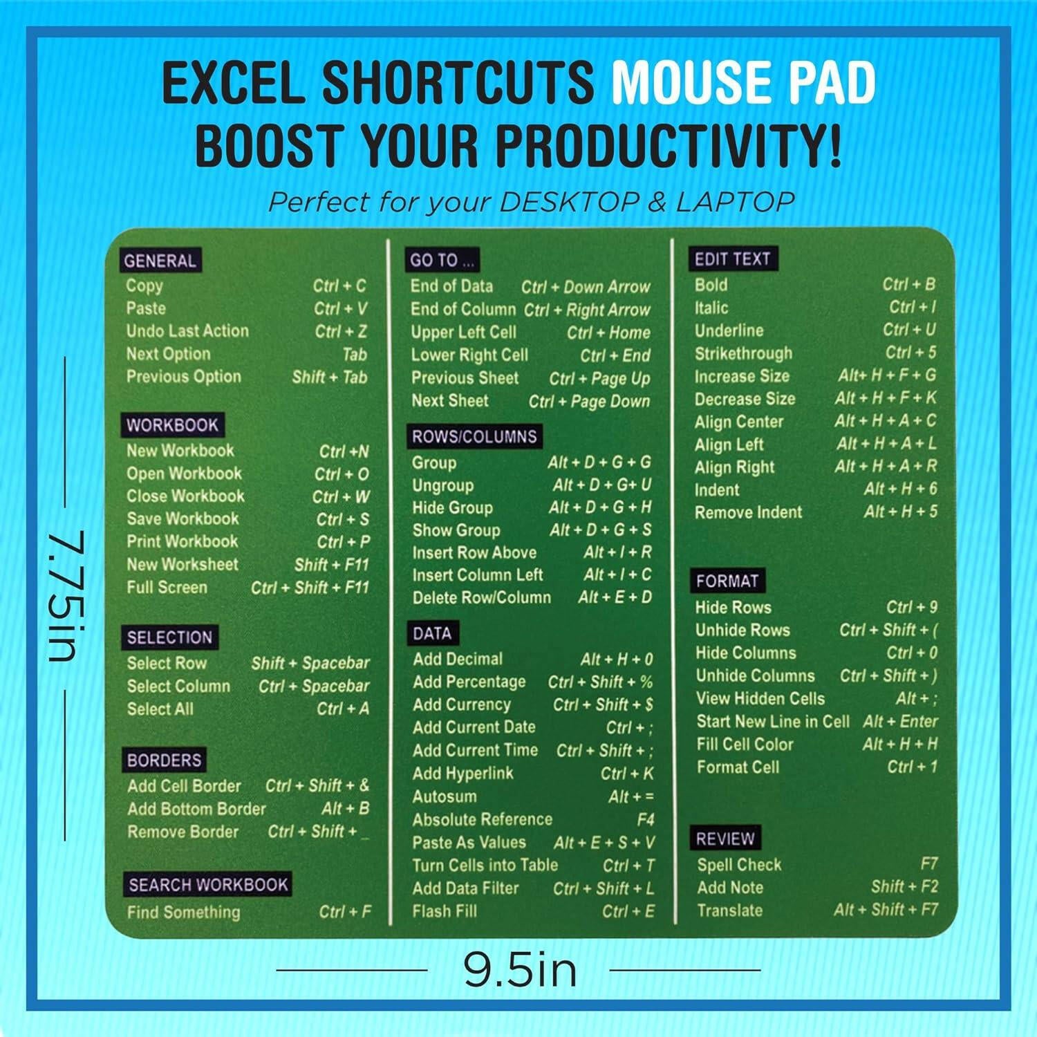 Excel Shortcuts Mouse Pad - The Ultimate Productivity Tool - Dominate Excel Like a Pro - The Secret Weapon to Master Excel - 7.75” x 9.25” Rectangular Shape (Solid Green Print) - Monilee and Bella 