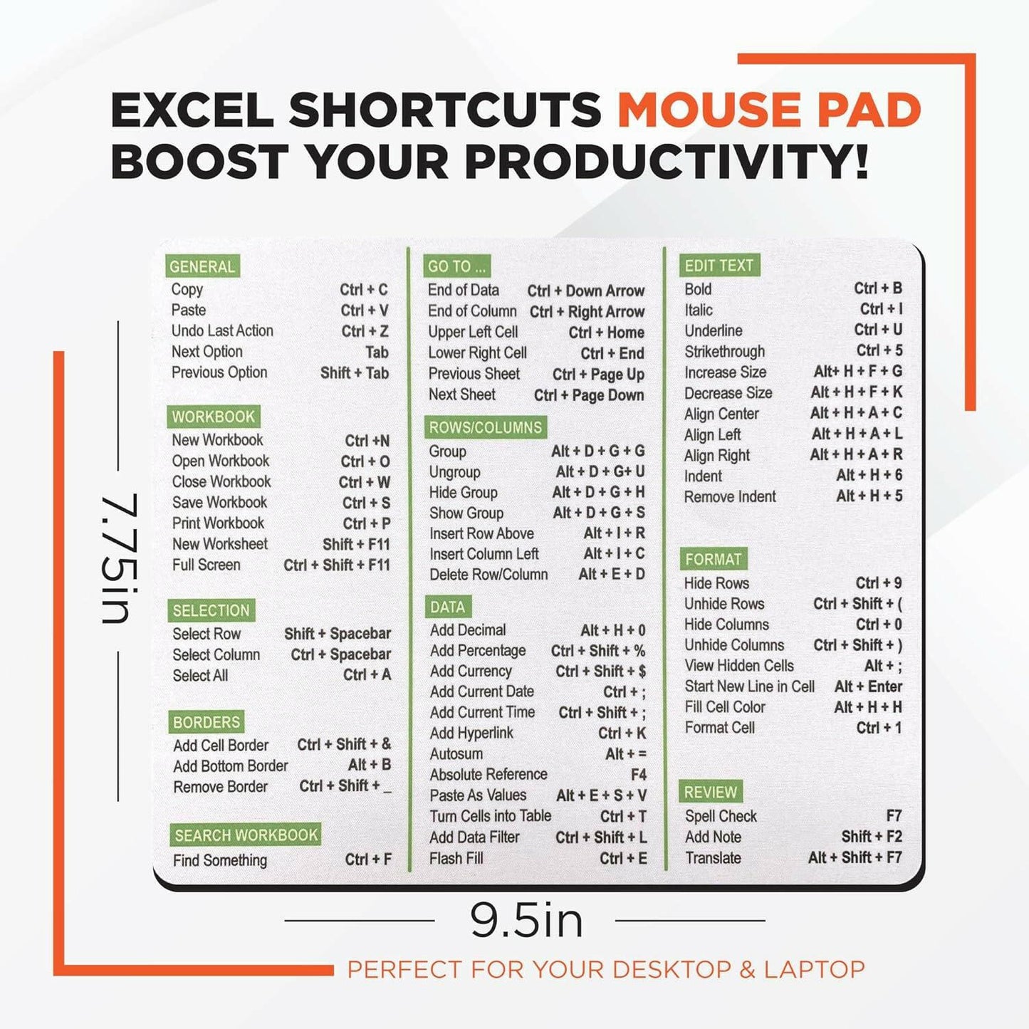 Excel Shortcuts Mouse Pad - The Ultimate Productivity Tool - Dominate Excel Like a Pro - The Secret Weapon to Master Excel - 7.75” x 9.25” Rectangular Shape (Green/Black Print) - Monilee and Bella 