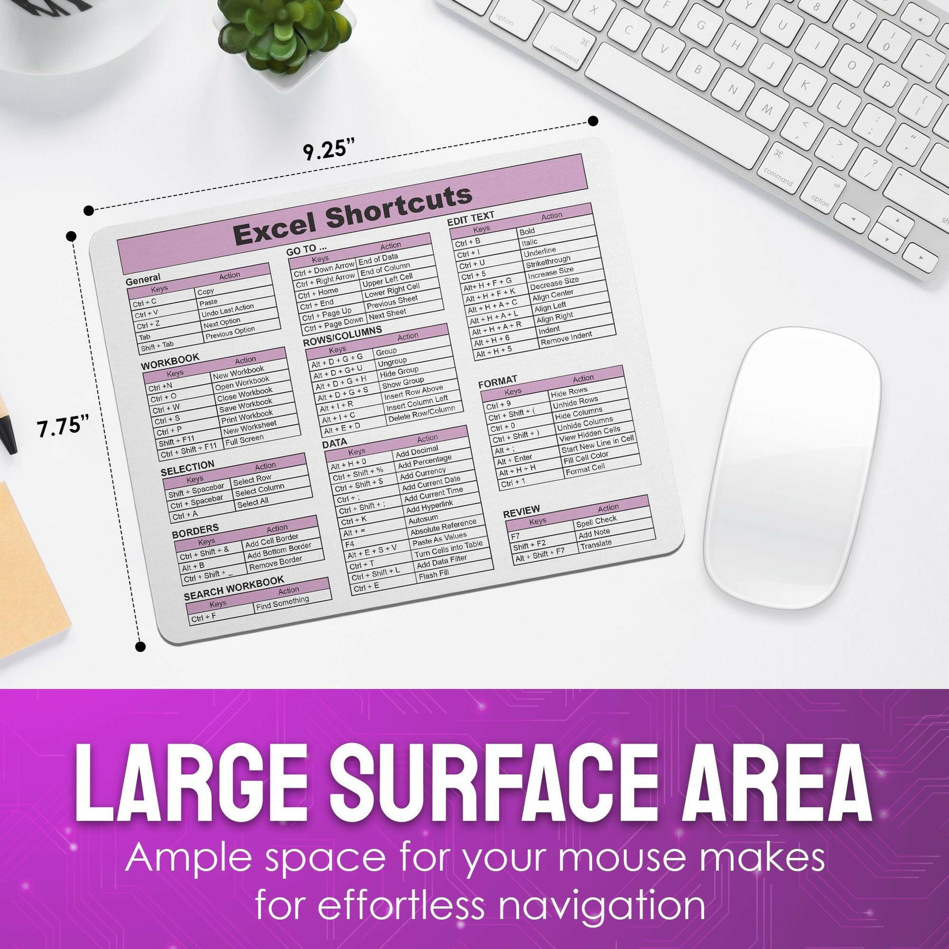 Excel Shortcuts Mouse Pad - Purple.