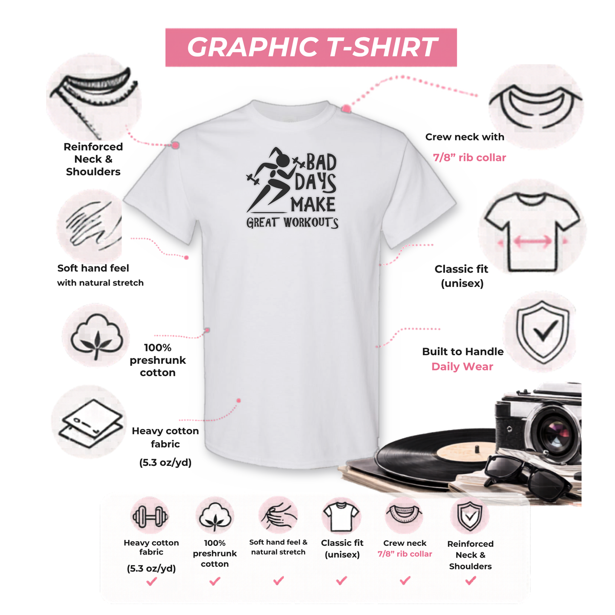 Gildan 5000 graphic tee features: reinforced neck, rib collar, classic unisex fit, heavy cotton