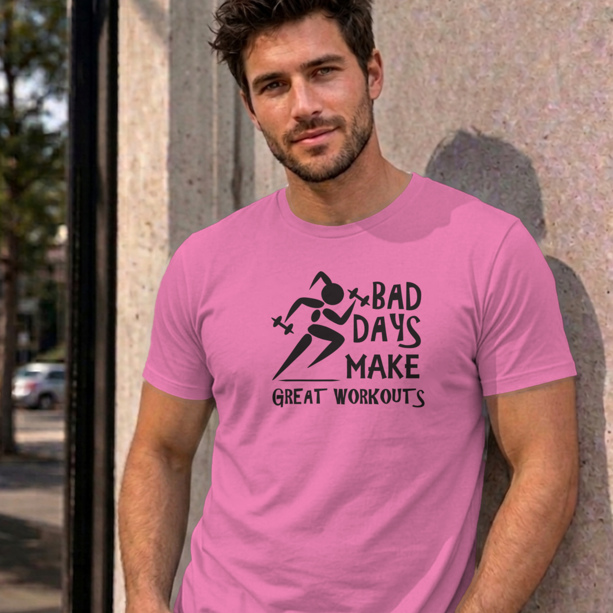Man wearing the azalea Bad Days Make Great Workouts graphic tee