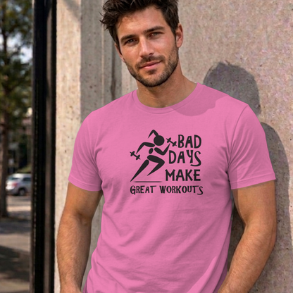 Man wearing the azalea Bad Days Make Great Workouts graphic tee