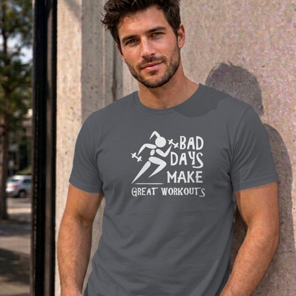 Man wearing the charcoal Bad Days Make Great Workouts graphic tee