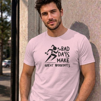 Man wearing the light pink Bad Days Make Great Workouts graphic tee