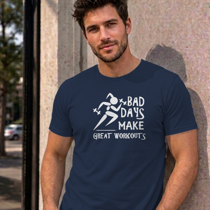 Man wearing the navy Bad Days Make Great Workouts graphic tee