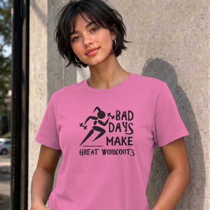 Woman wearing the azalea Bad Days Make Great Workouts graphic tee