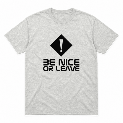 Be Nice or Leave graphic tee in ash with black print, front view