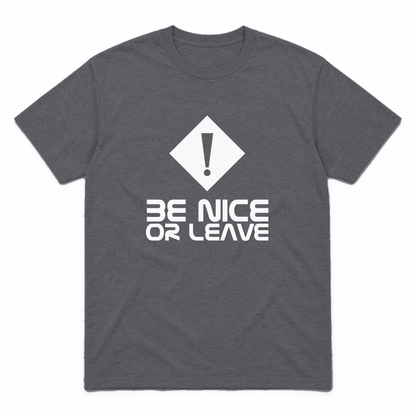 Be Nice or Leave graphic tee in charcoal with white print, front view