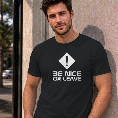 Man wearing the black Be Nice or Leave graphic tee
