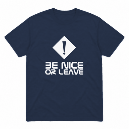 Be Nice or Leave graphic tee in navy with white print, front view