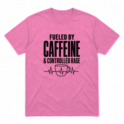 Nurse Caffeine graphic tee in azalea with black print, front view