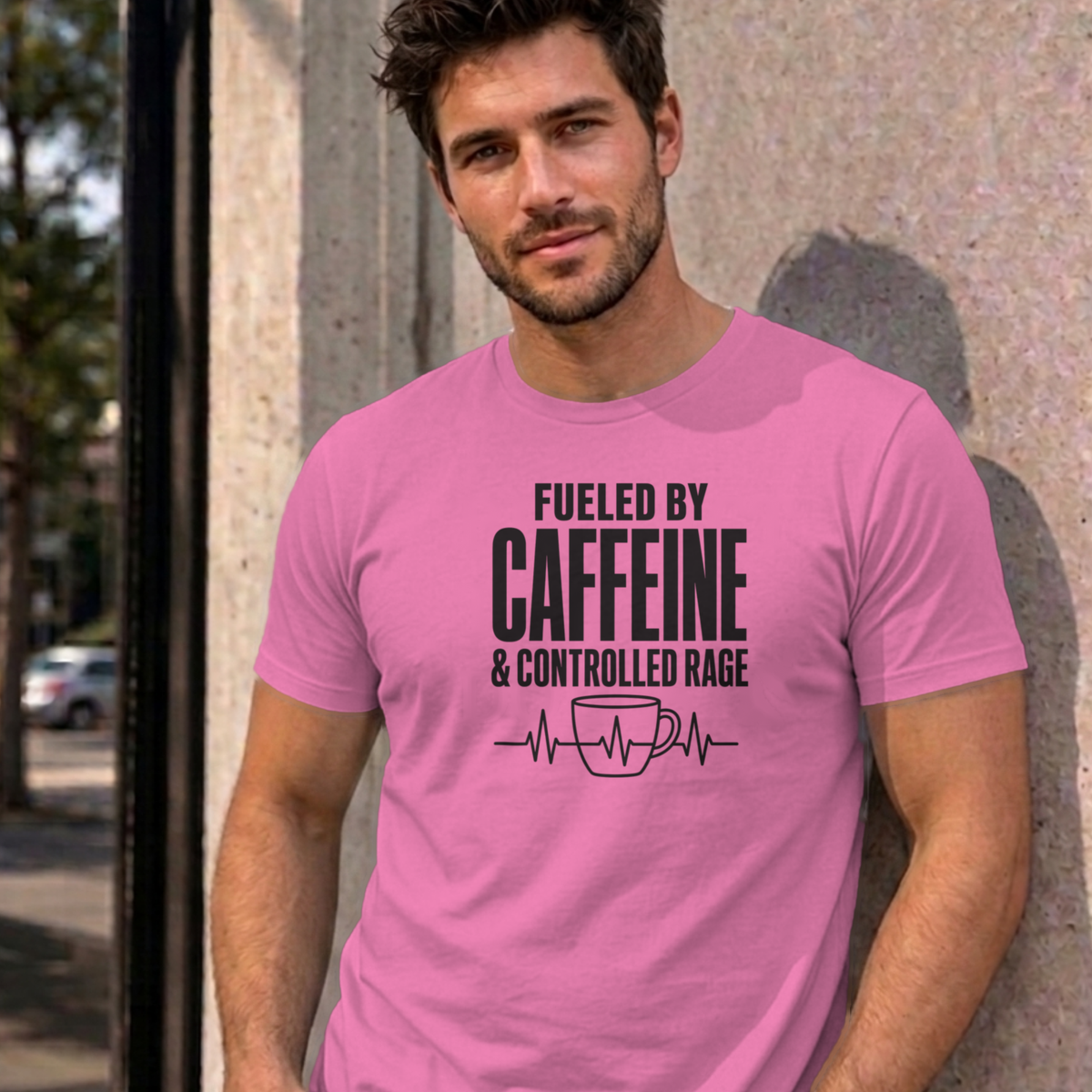 Man wearing the azalea Nurse Caffeine graphic tee