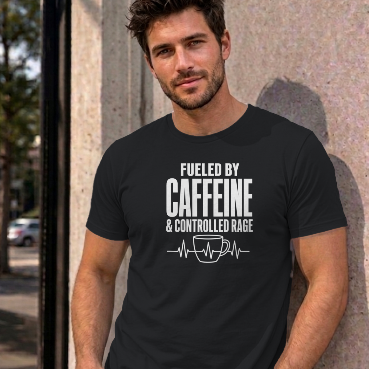 Man wearing the black Nurse Caffeine graphic tee