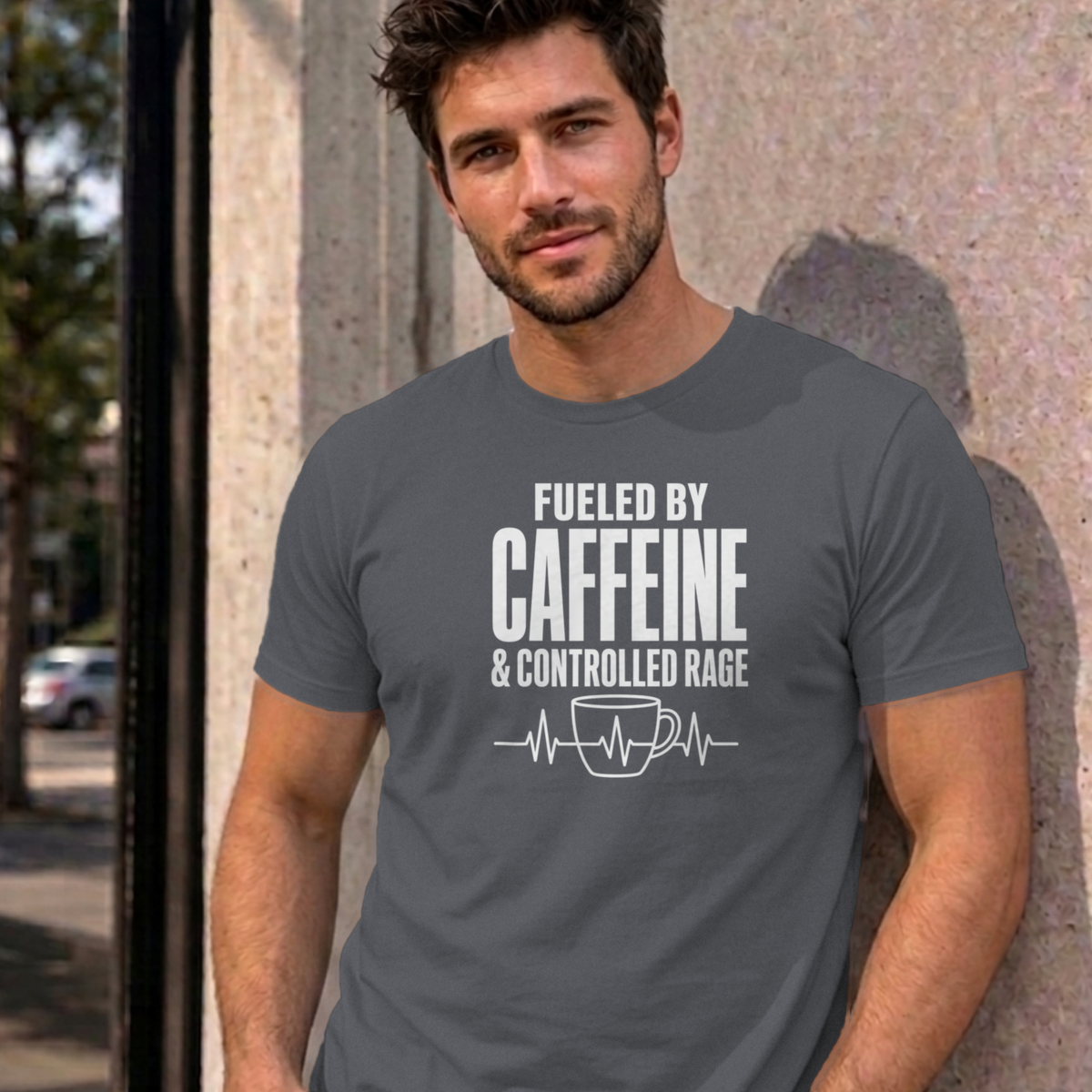 Man wearing the charcoal Nurse Caffeine graphic tee