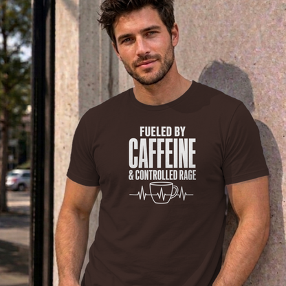 Man wearing the dark chocolate Nurse Caffeine graphic tee