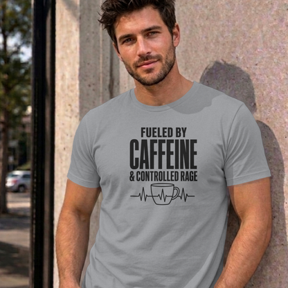 Man wearing the sport grey Nurse Caffeine graphic tee