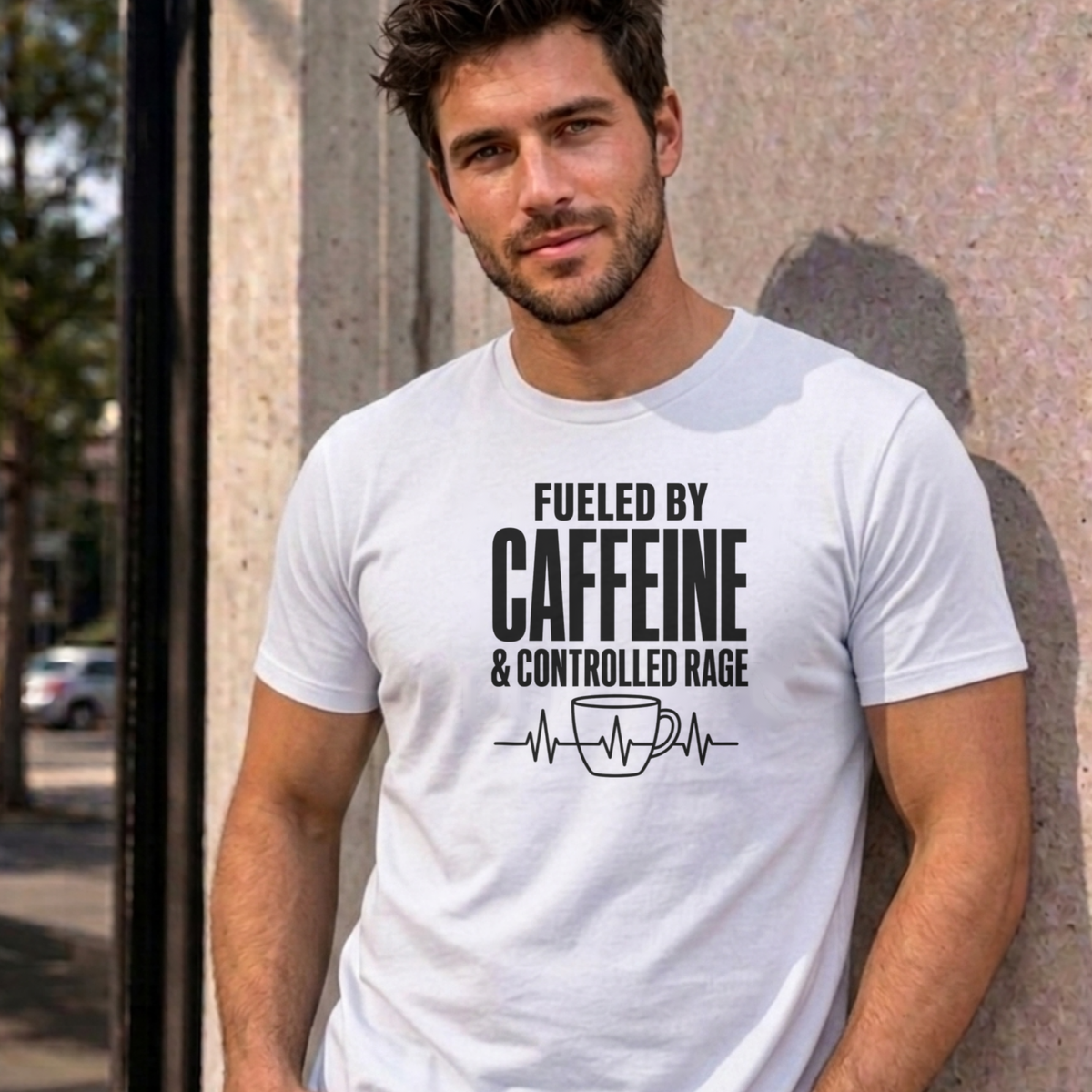 Man wearing the white Nurse Caffeine graphic tee