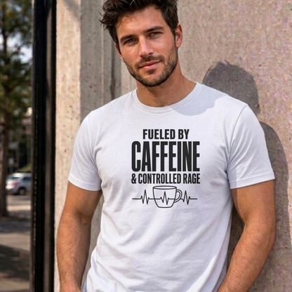 Man wearing the white Nurse Caffeine graphic tee