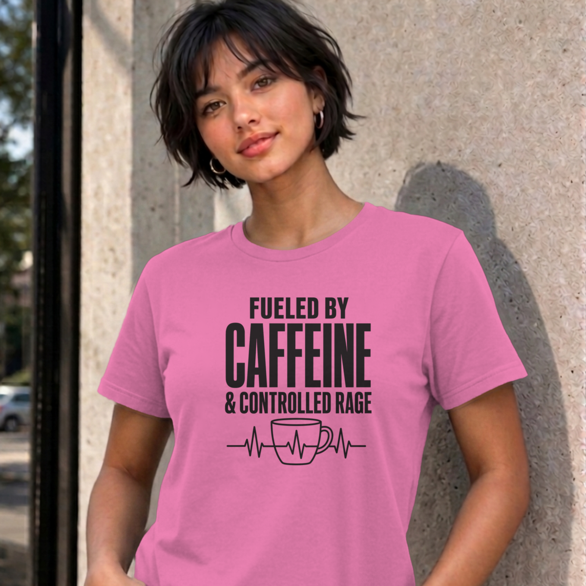 Woman wearing the azalea Nurse Caffeine graphic tee