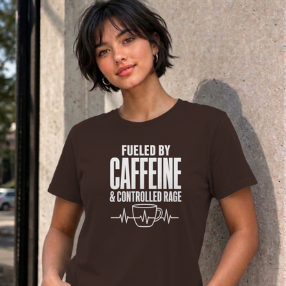 Woman wearing the dark chocolate Nurse Caffeine graphic tee