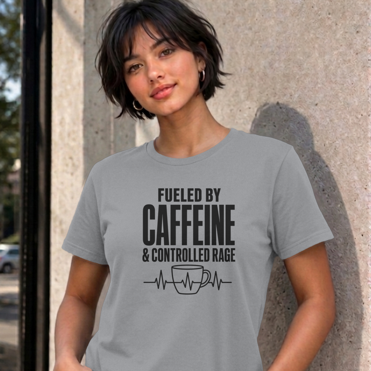 Woman wearing the sport grey Nurse Caffeine graphic tee