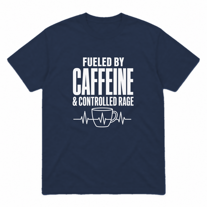 Nurse Caffeine graphic tee in navy with white print, front view