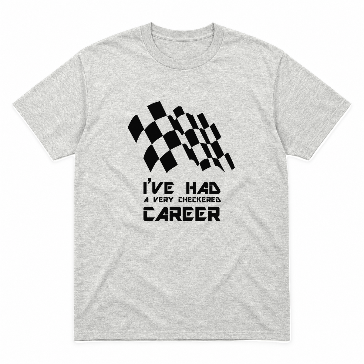 Checkered Career graphic tee in ash with black print, front view