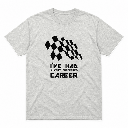 Checkered Career graphic tee in ash with black print, front view