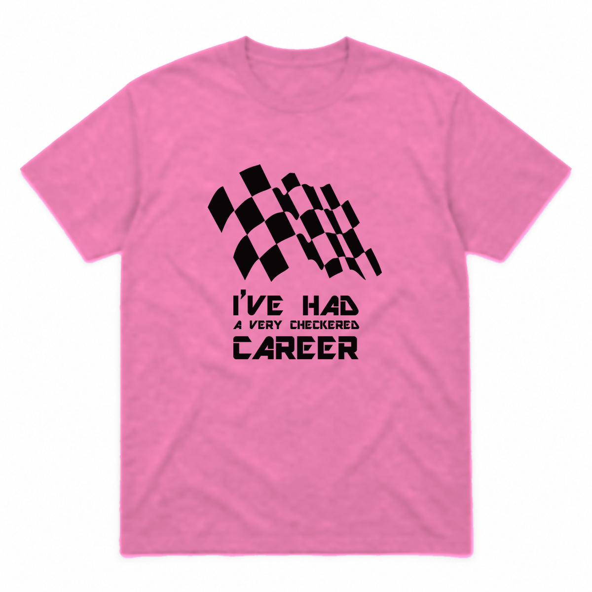 Checkered Career graphic tee in azalea with black print, front view