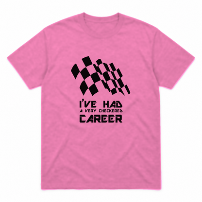 Checkered Career graphic tee in azalea with black print, front view