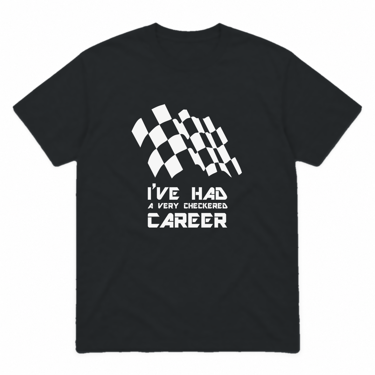 Checkered Career graphic tee in black with white print, front view