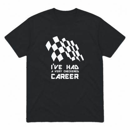 Checkered Career graphic tee in black with white print, front view