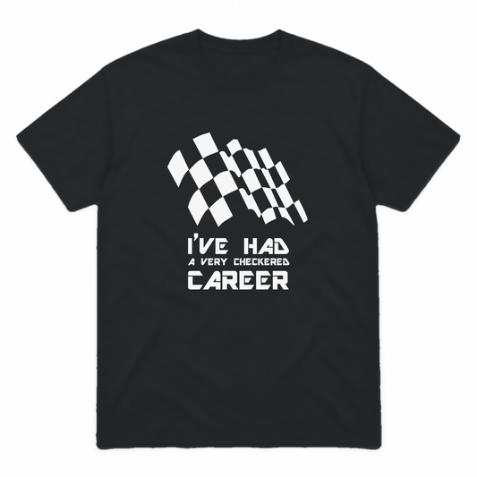 Checkered Career graphic tee in black with white print, front view