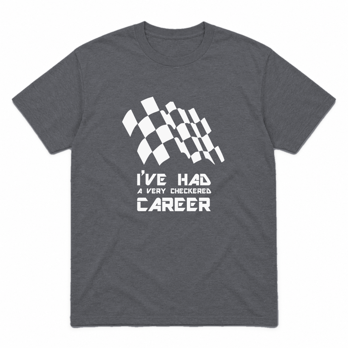 Checkered Career graphic tee in charcoal with white print, front view
