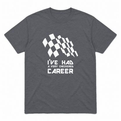 Checkered Career graphic tee in charcoal with white print, front view