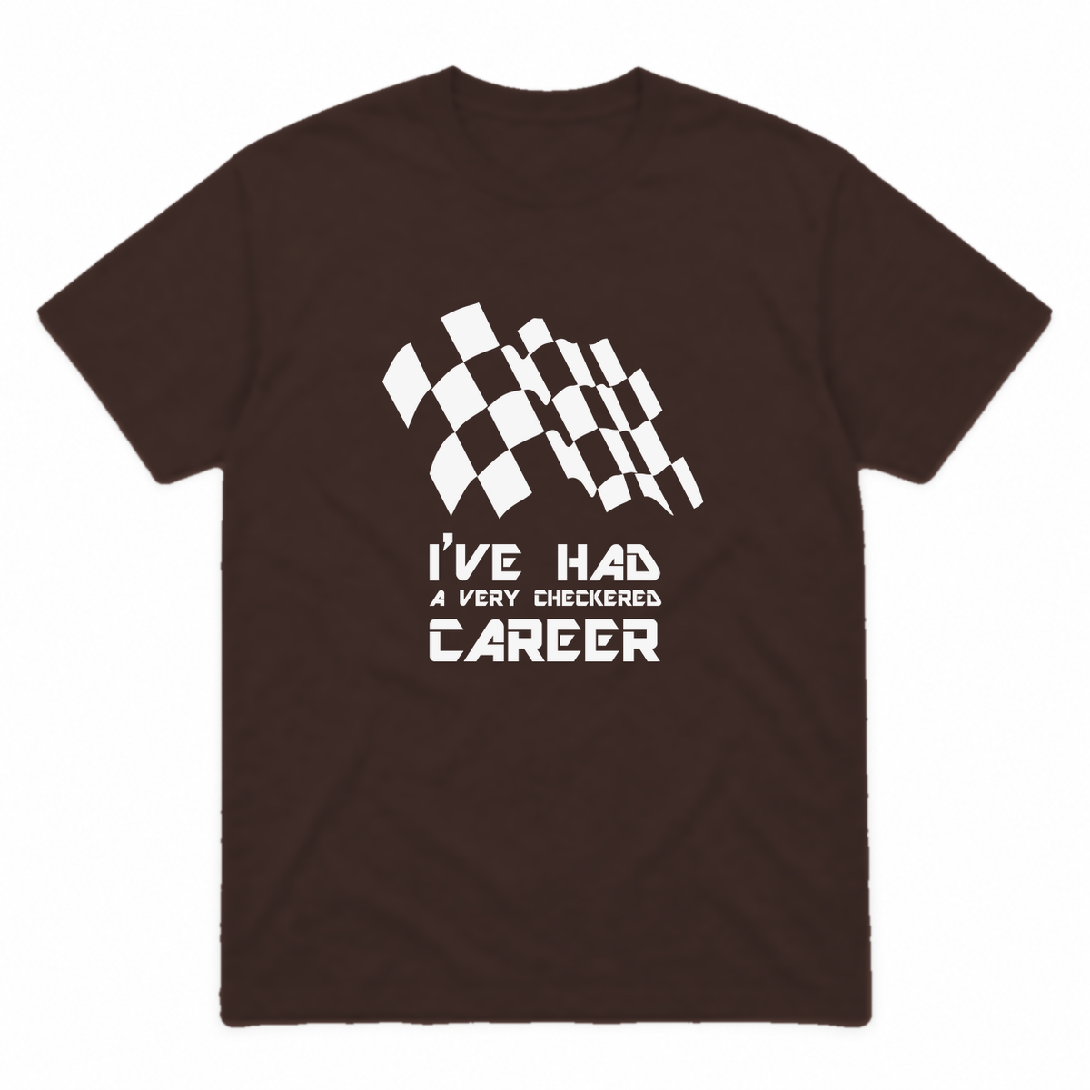 Checkered Career graphic tee in dark chocolate with white print, front view