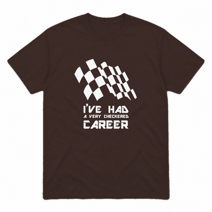 Checkered Career graphic tee in dark chocolate with white print, front view