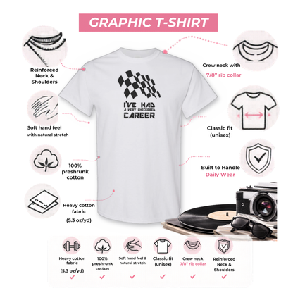 Gildan 5000 graphic tee features: reinforced neck, rib collar, classic unisex fit, heavy cotton