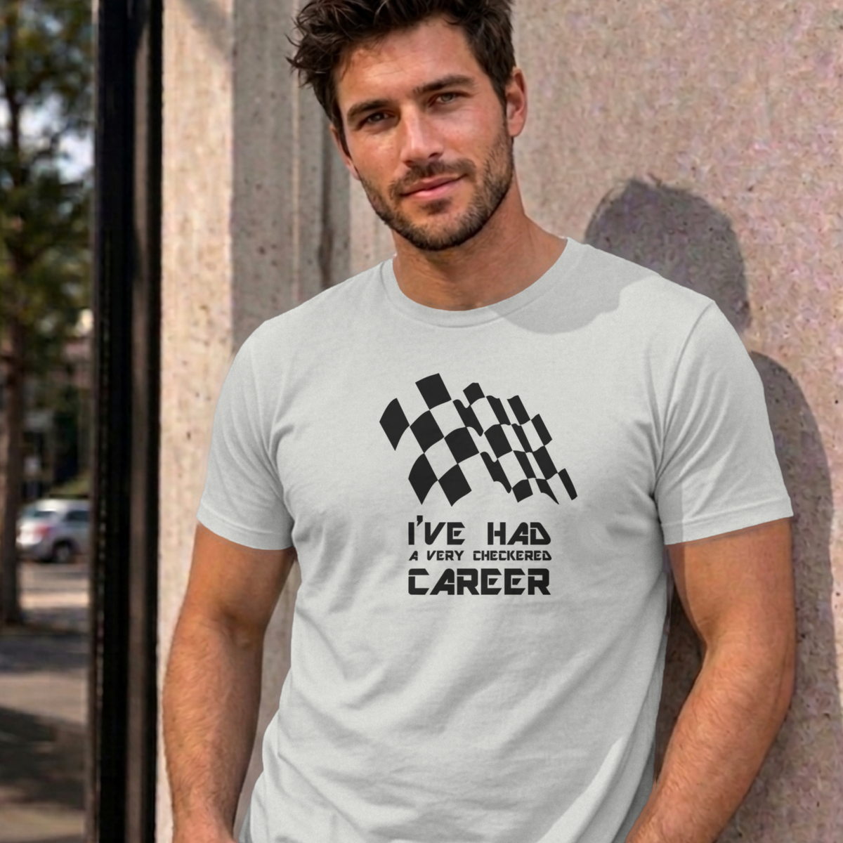 Man wearing the ash Checkered Career graphic tee