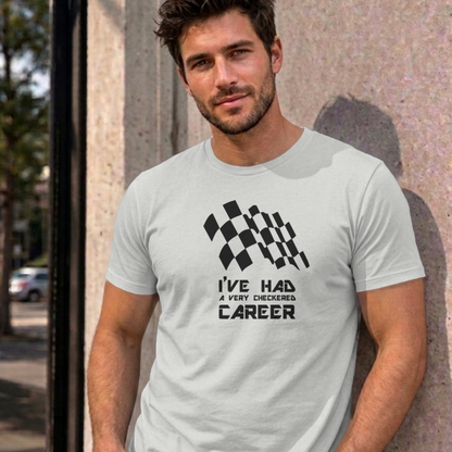 Man wearing the ash Checkered Career graphic tee