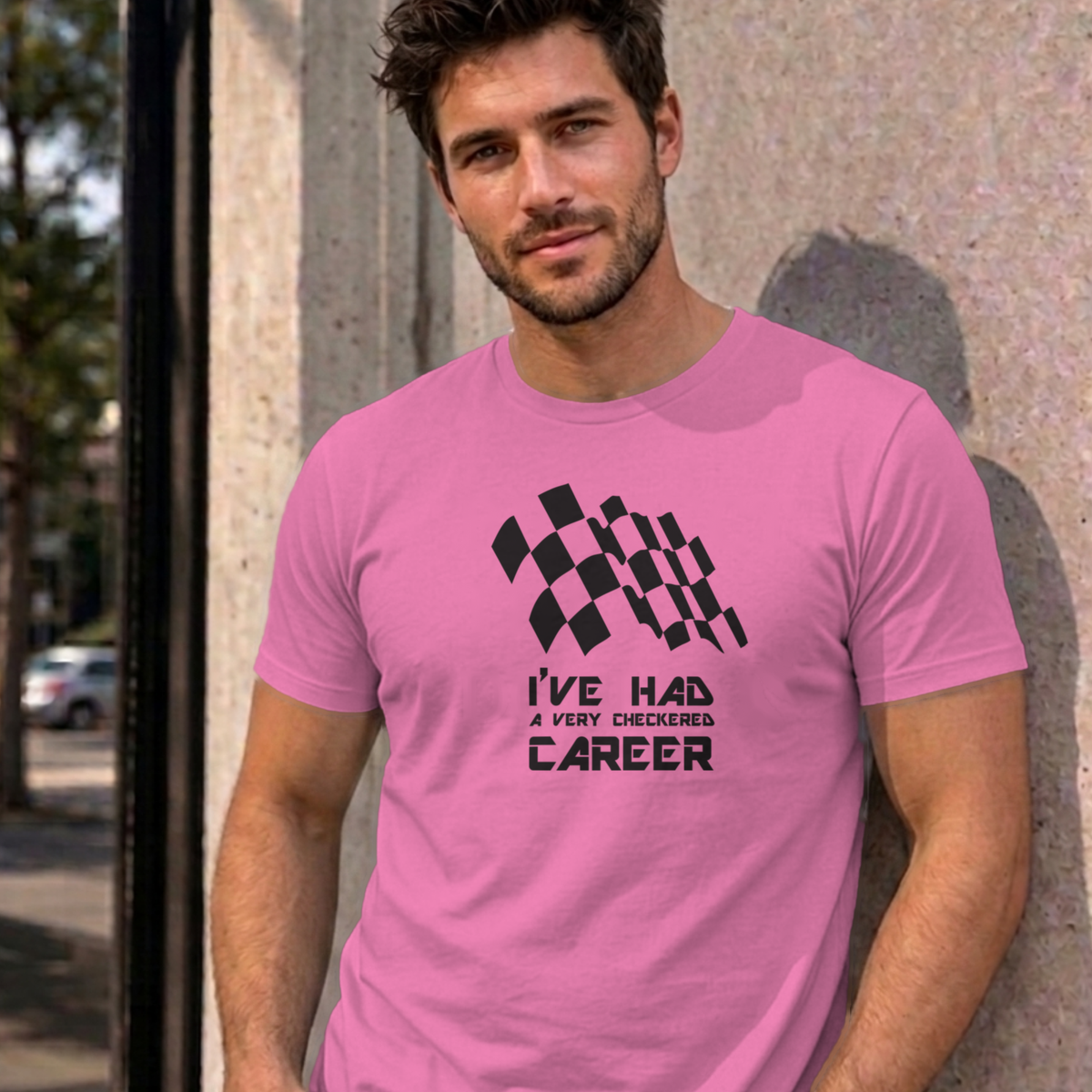 Man wearing the azalea Checkered Career graphic tee