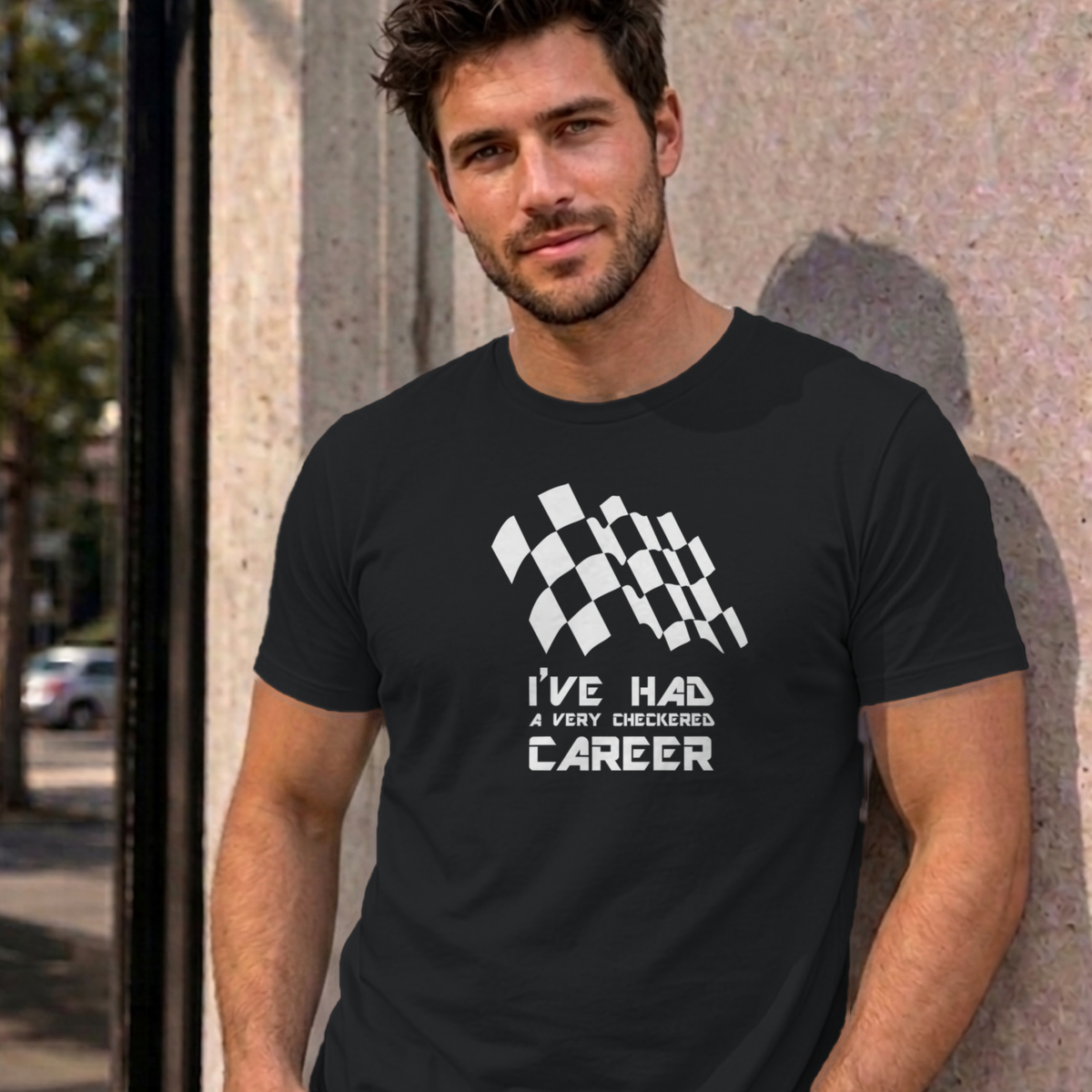 Man wearing the black Checkered Career graphic tee