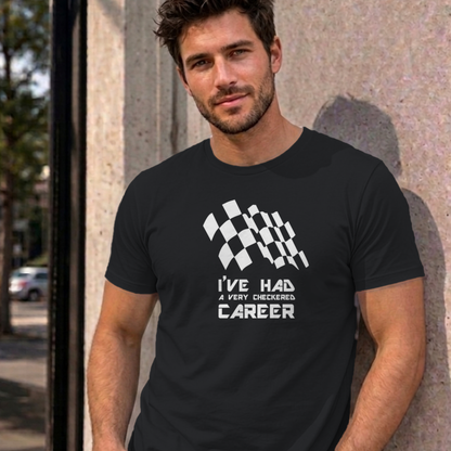 Man wearing the black Checkered Career graphic tee